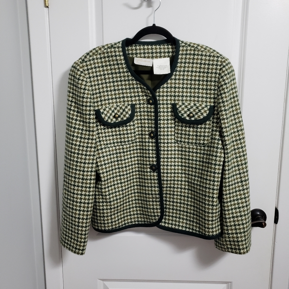 VINTAGE YVES VINET Green Houndstooth Wool Gold Lion Buttons Blazer